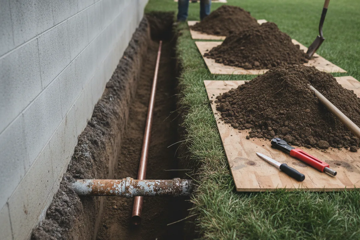 Excavated water line trench during Sewer Line Repair in Lititz